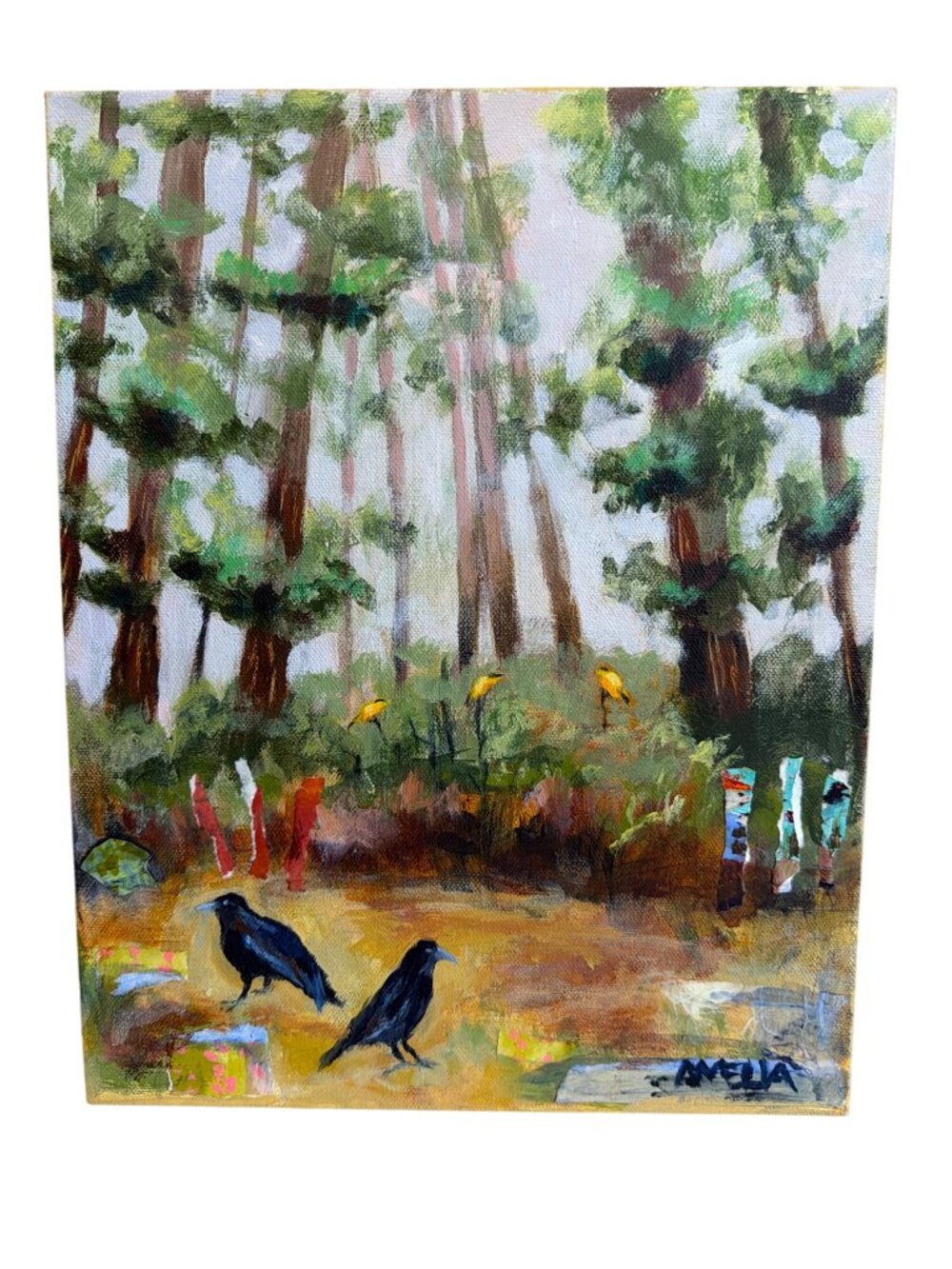 Original Art Acrylic Mixed Media Painting Canvas Forest Birds Crows Muir Woods
